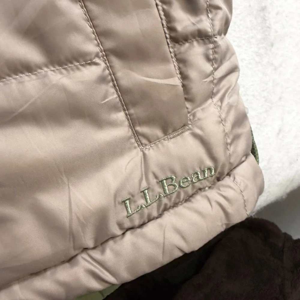 LL Bean Mens Puffer Vest Large Tan Olive Green Quilted Down Insulated 0BDC7